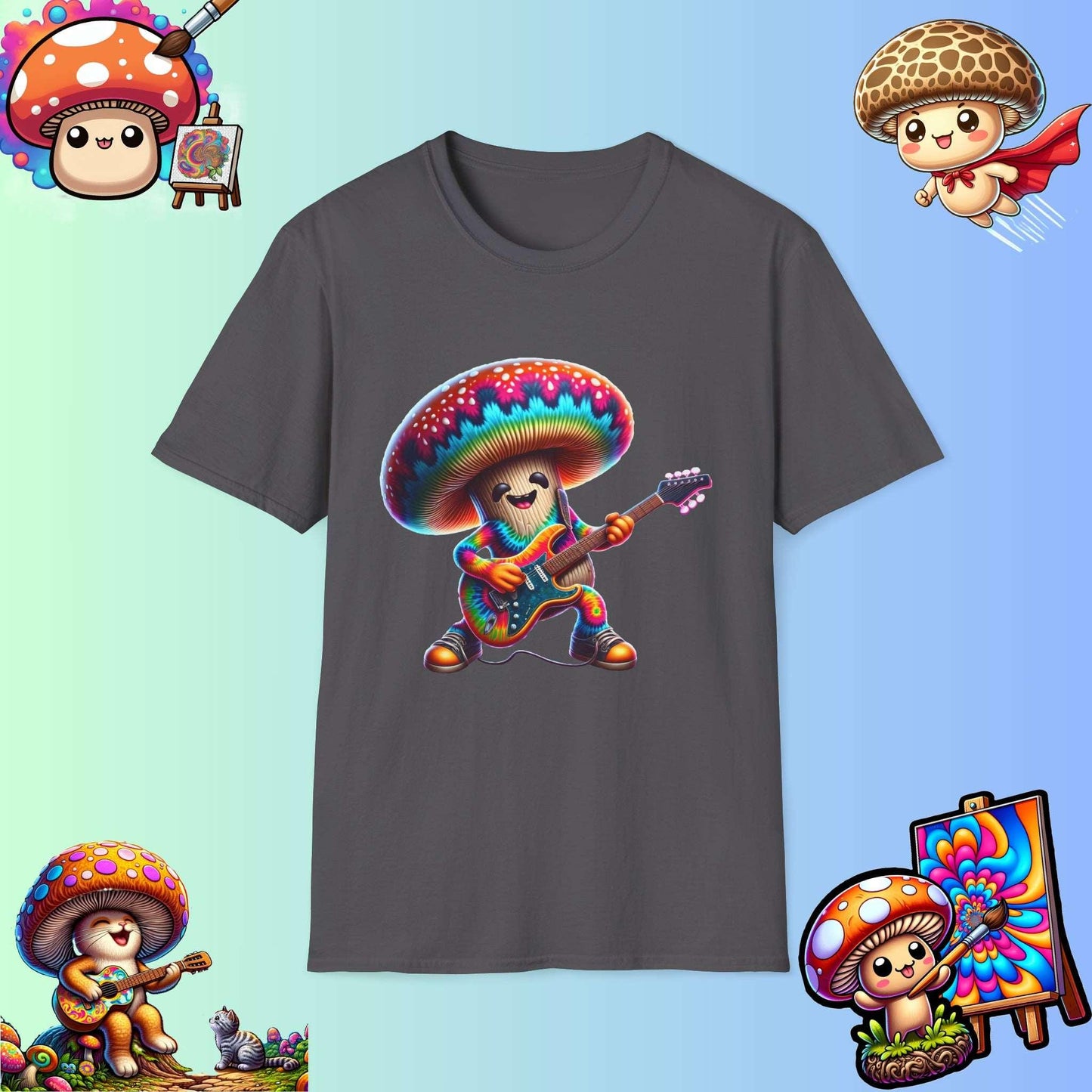 Psychedelic Guitarist Mushroom T-Shirt - Vibrant Music Festival & Concert Tee - Multiple Colors