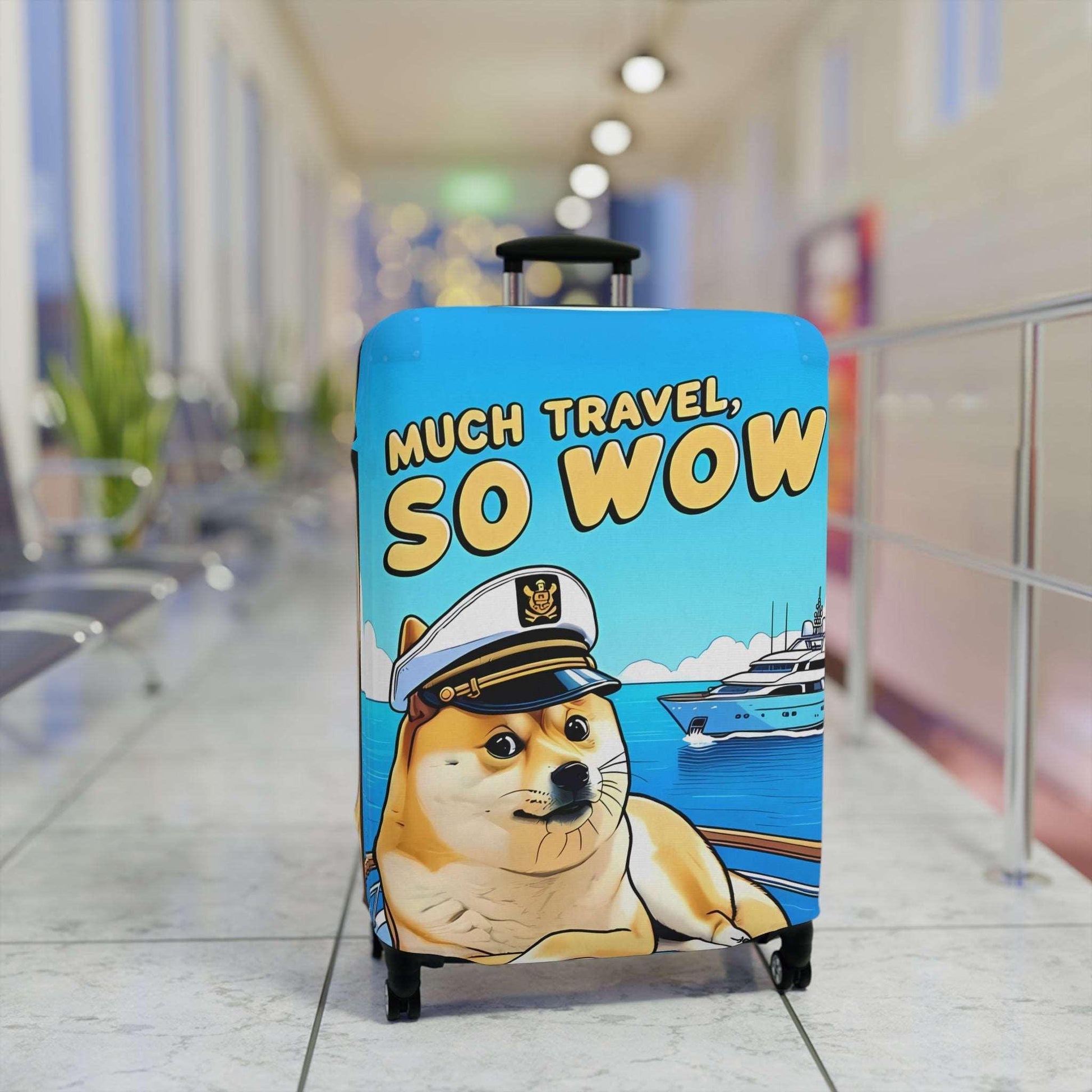 Dogecoin Inspired Stretch Suitcase Cover, Durable Luggage Protector, Meme Travel Accessory, Captain Doge Design, Cryptocurrency Gear