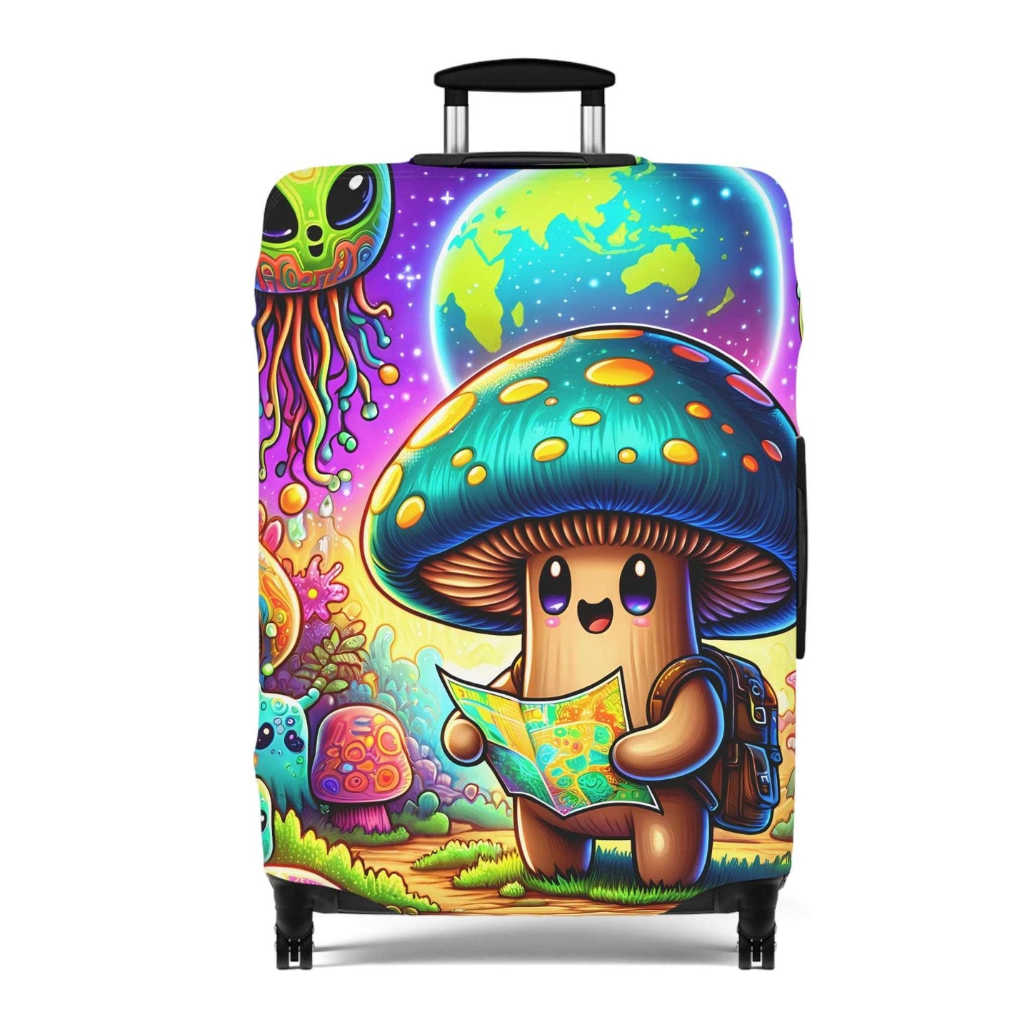 Suitcase COVER - Cute Mushroom with alien traveling in space - 21x14, 25x16, 28x20