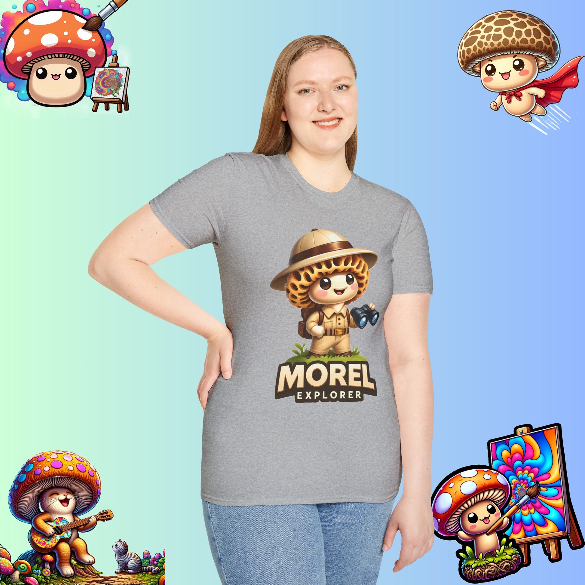 Shiitake Products,Adventurous Morel Explorer Shirt - Charming Illustrated Mushroom Character - Perfect for Nature Enthusiasts,T-Shirt