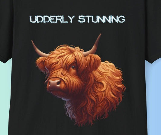 Udderly Stunning Highland Cow Tee - Shiitake Products