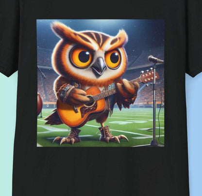 Owl playing the guitar - Show Stopper bird shirt - Meme Wear.