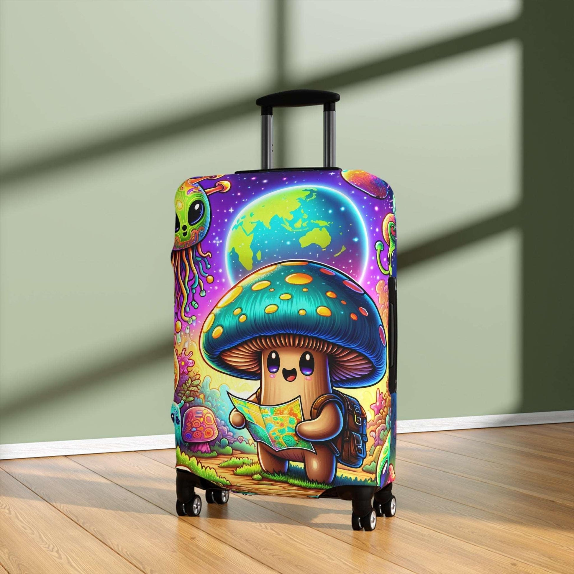 Suitcase COVER - Cute Mushroom with alien traveling in space - 21x14, 25x16, 28x20