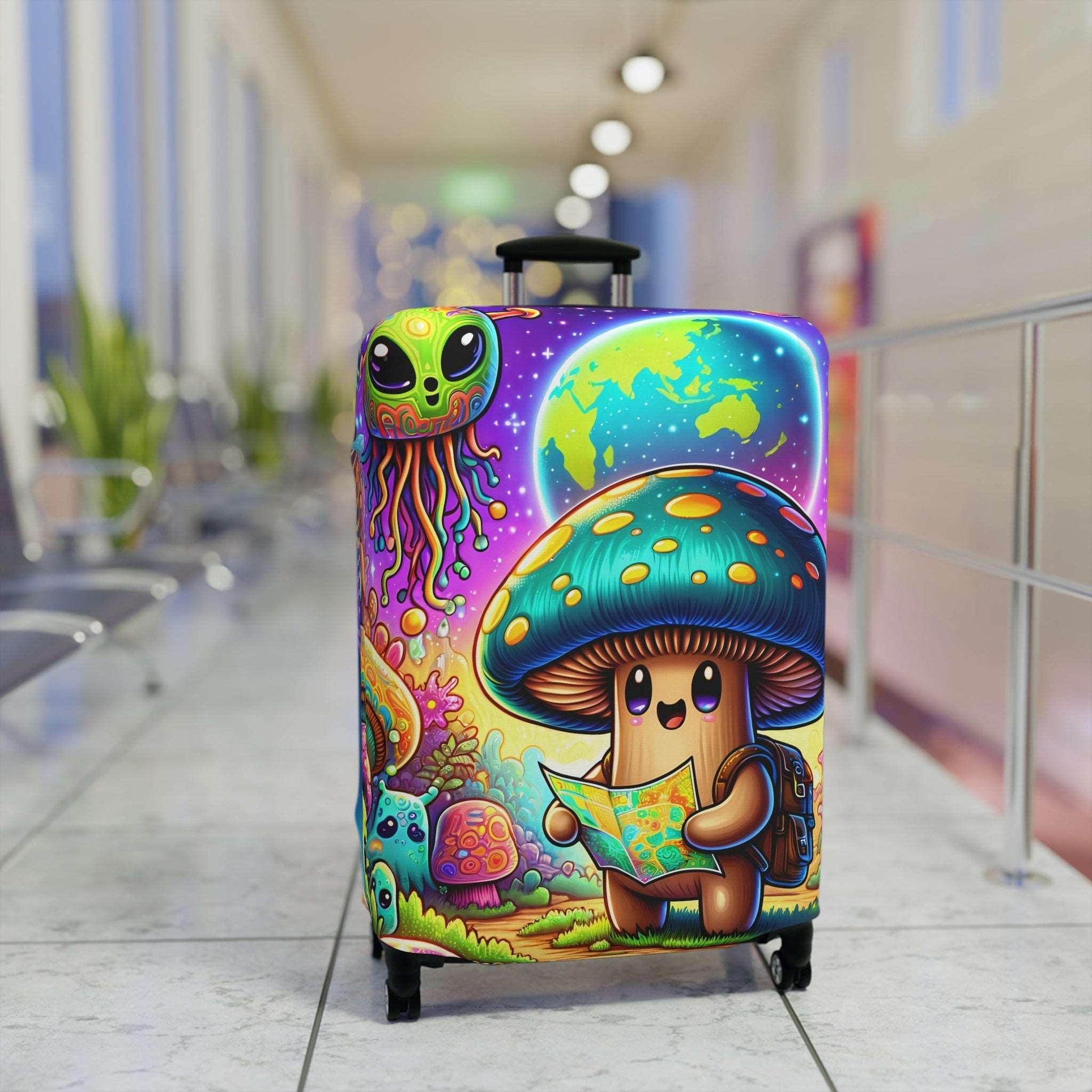 Suitcase COVER - Cute Mushroom with alien traveling in space - 21x14, 25x16, 28x20