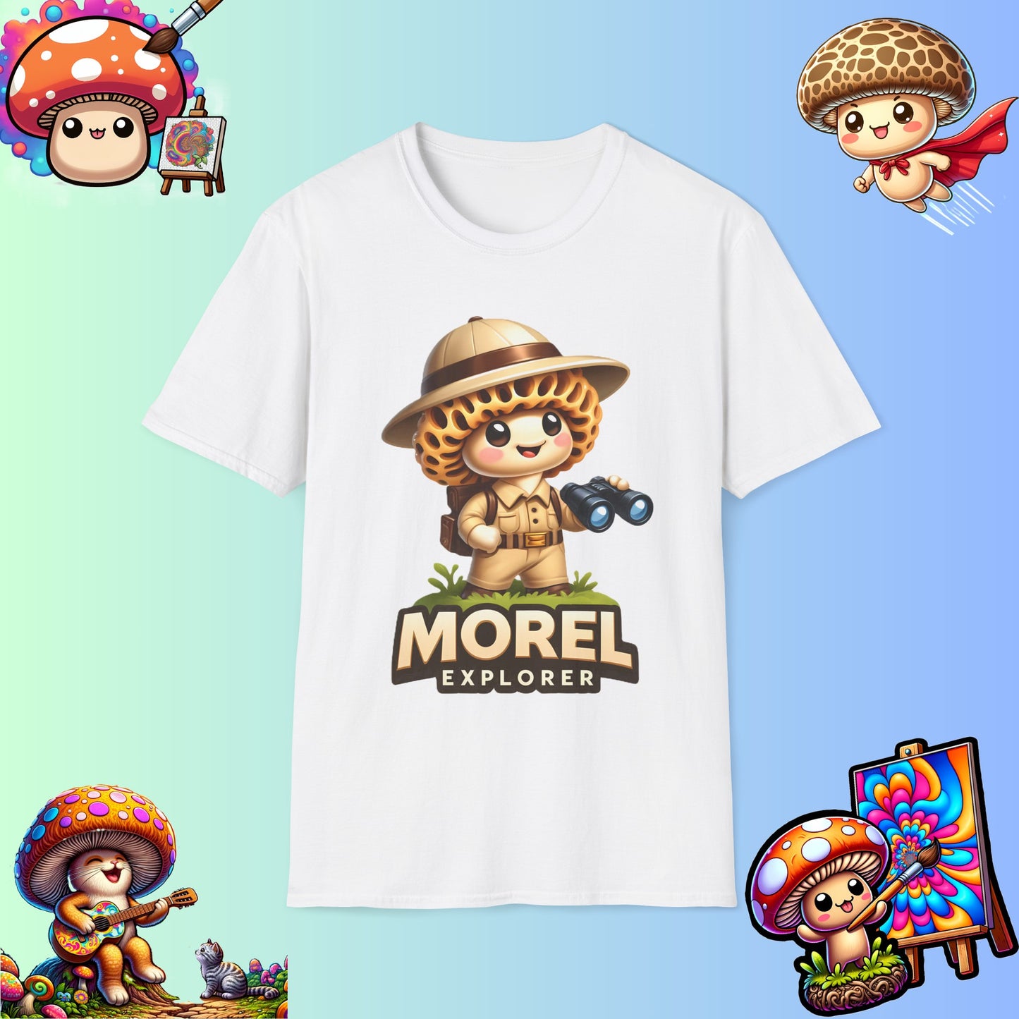 Shiitake Products,Adventurous Morel Explorer Shirt - Charming Illustrated Mushroom Character - Perfect for Nature Enthusiasts,T-Shirt