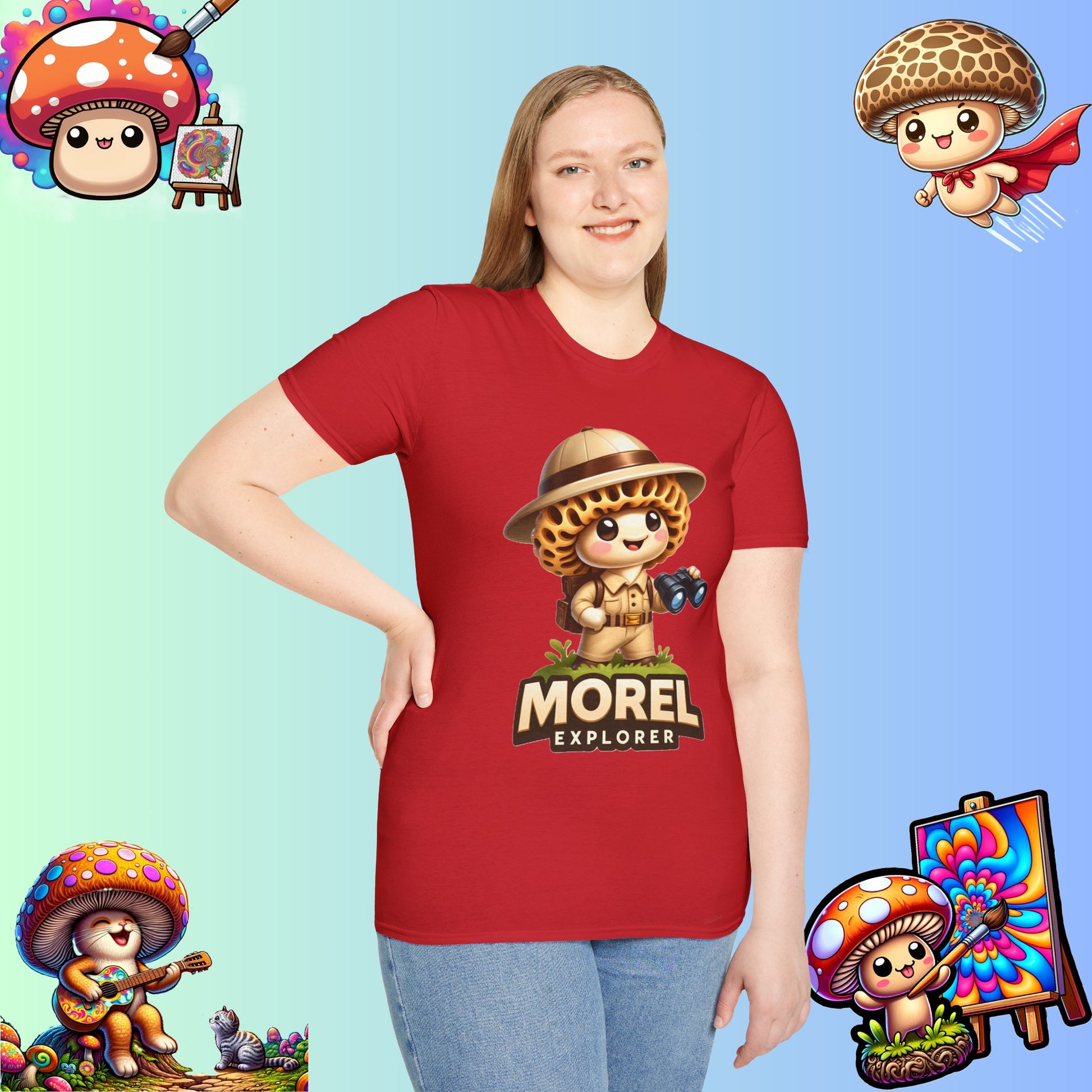 Shiitake Products,Adventurous Morel Explorer Shirt - Charming Illustrated Mushroom Character - Perfect for Nature Enthusiasts,T-Shirt