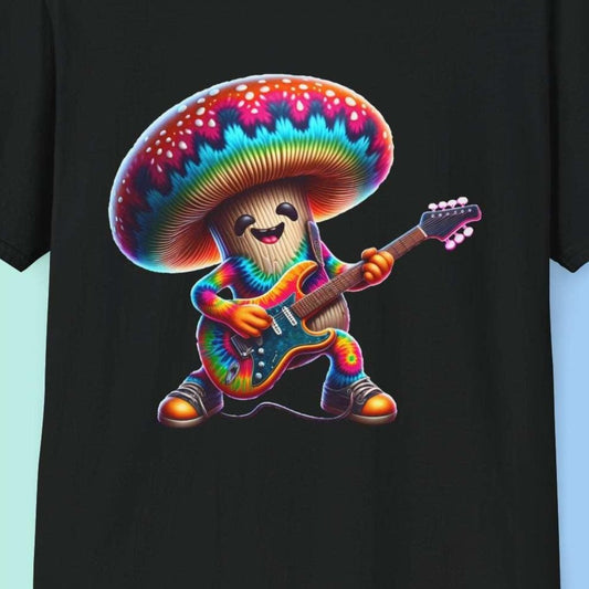 Psychedelic Guitarist Mushroom T-Shirt - Vibrant Music Festival & Concert Tee - Multiple Colors