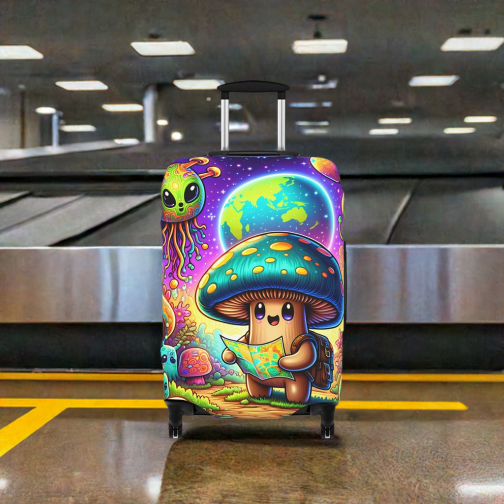 Suitcase COVER - Cute Mushroom with alien traveling in space - 21x14, 25x16, 28x20