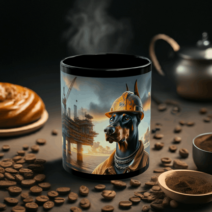 Offshore Driller Doberman Mug - Black 11 oz Ceramic Coffee Cup for Oil Rig Workers, Tough Dog-Themed Oilfield Gift