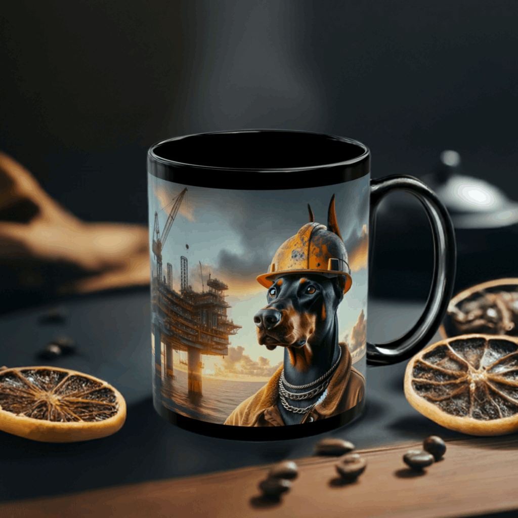 Offshore Driller Doberman Mug - Black 11 oz Ceramic Coffee Cup for Oil Rig Workers, Tough Dog-Themed Oilfield Gift