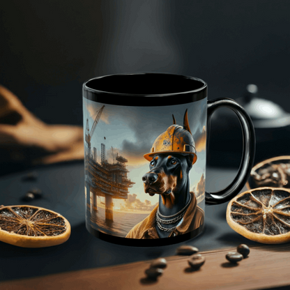 Offshore Driller Doberman Mug - Black 11 oz Ceramic Coffee Cup for Oil Rig Workers, Tough Dog-Themed Oilfield Gift