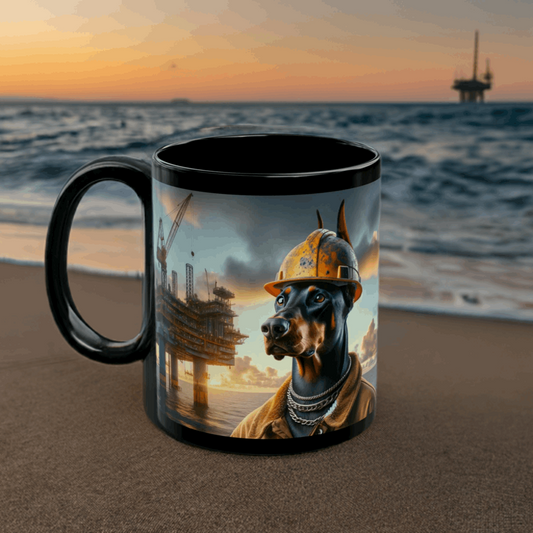 Offshore Driller Doberman Mug - Black 11 oz Ceramic Coffee Cup for Oil Rig Workers, Tough Dog-Themed Oilfield Gift